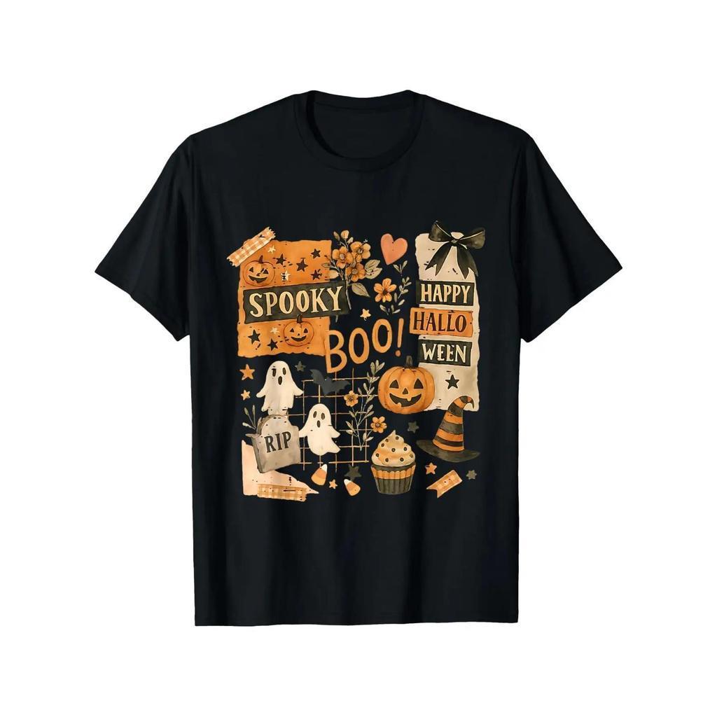 T-shirt de Halloween 100% de peso pesado 180gsm - Estampa de abóbora da época assustadora com Happy Boo! Fantasmas, morc