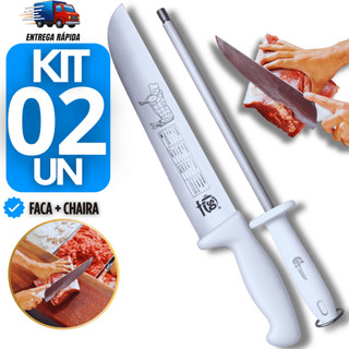Kit 2- Faca de Acougueiro 10"+ Chaira 10" Açougue Carnes Churrascaria Profissional Cabo Branco