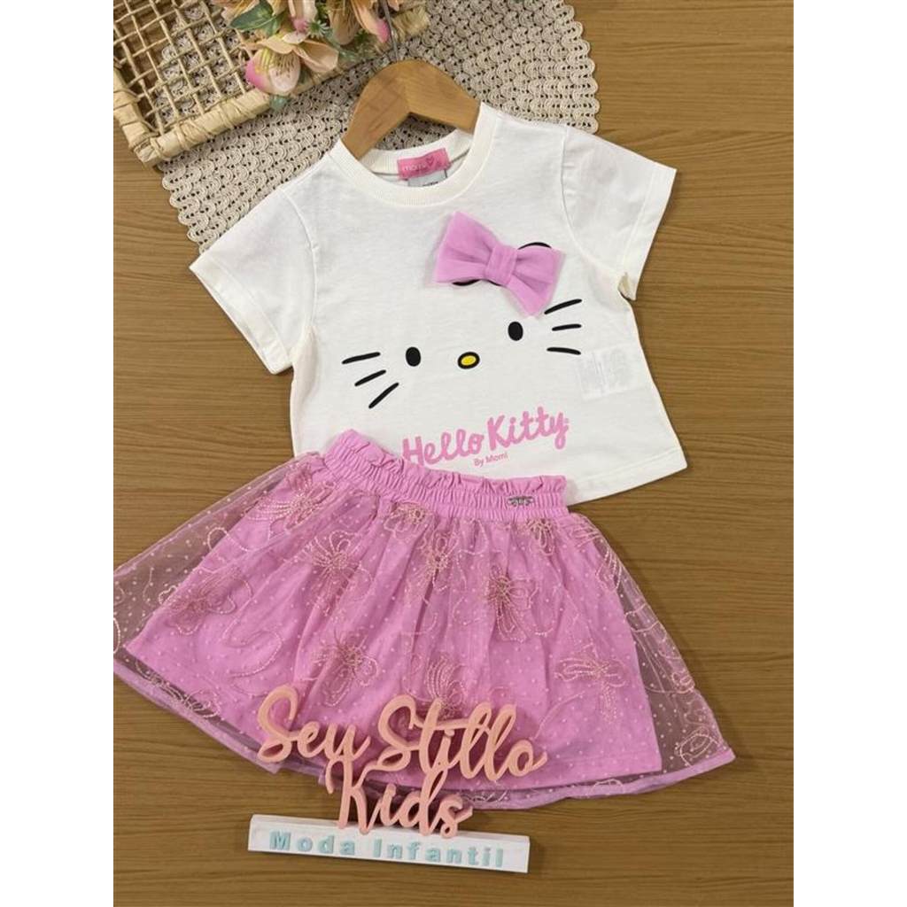 Conjunto Infantil Momi Inverno, Saia em Tule Rosa e Blusa Manga Curta Hello Kitty Lacinho