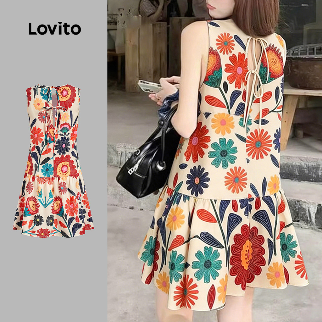 Lovito Férias Vestido Estilo Nacional Babado Bainha Laço Costas Primavera/verão para Mulheres L178ED600