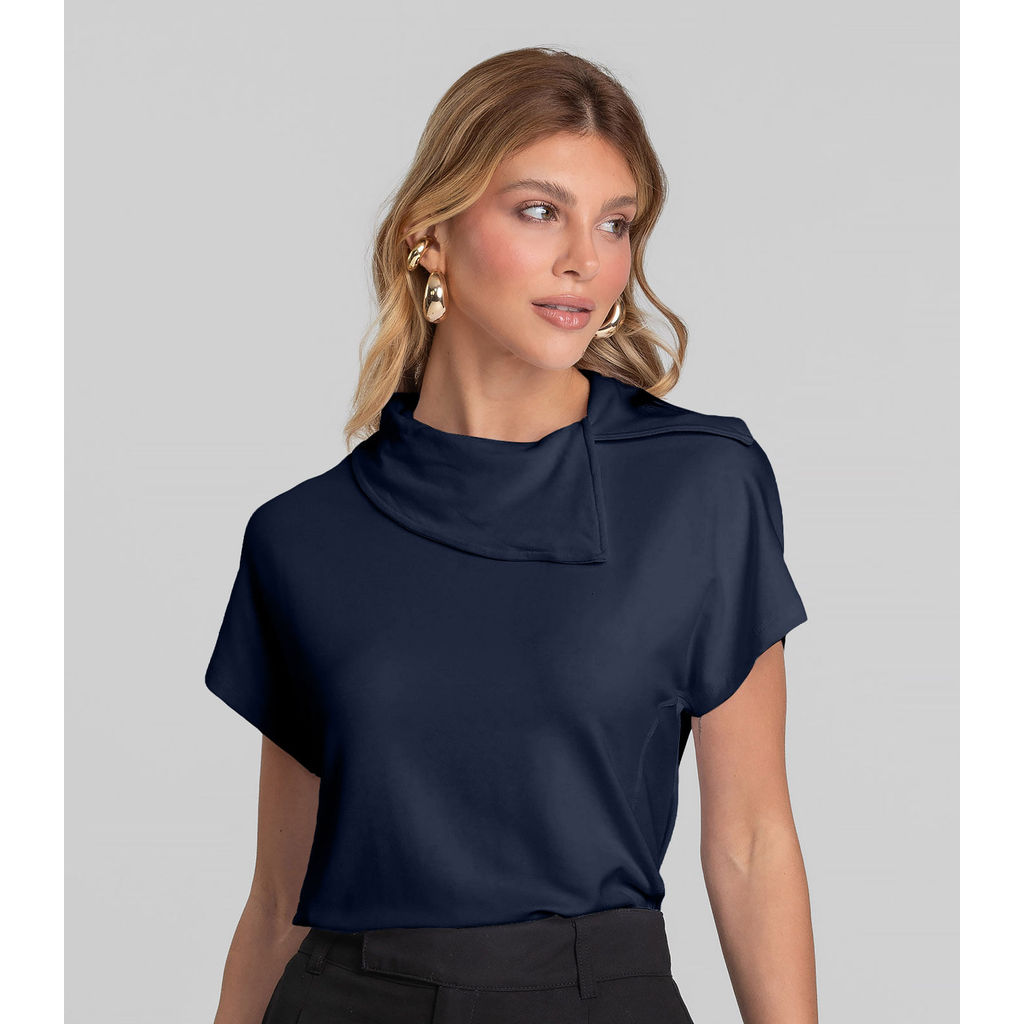 Blusa Feminina Com Gola Diferenciada Dianna Azul em Oferta na Shopee