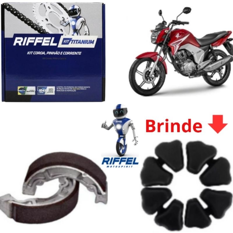 Kit Relação-Tração-Transmissão  RIFFEL TITAN 150 2004 a 2015 FAN 150 2009 a 2015+Patins De Freio+Coxim Da Coroa