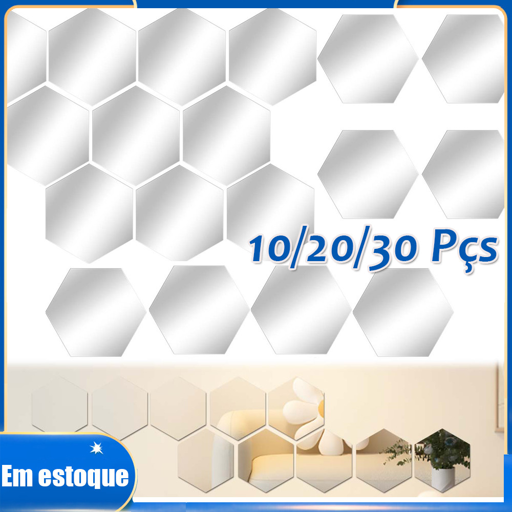 Kit 10/20/30pçs Espelhos Círculos Acrílico Hexágono Decorativo Adesivo para Parede Maquiagem Banheiro Moda 12.5x11cm