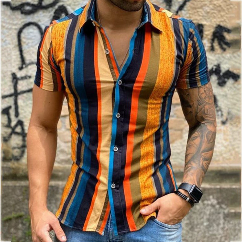 Camisa masculina Botão Homem de manga curta, camisa masculina listrada colorida e elegante, top casual de verão, moda.