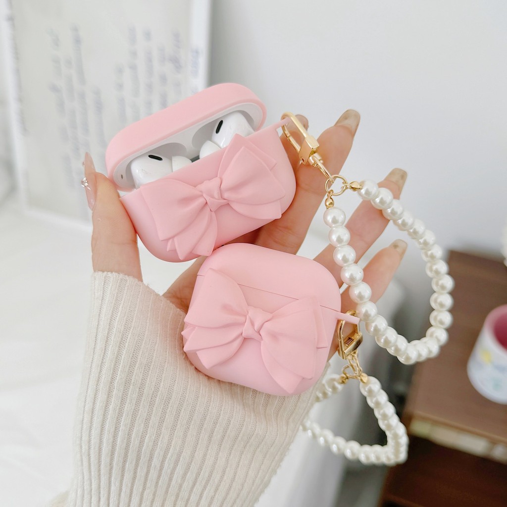Bonito Rosa Arco Caso Para Airpods 4 Capa Pro3 Pro2 Pro 3 2 1 Fones De Ouvido Bluetooth Com Corrente Pérola