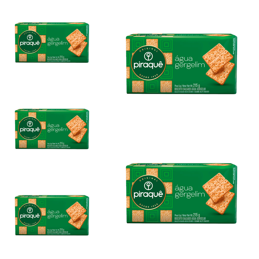 5 Pacotes Biscoito Piraquê Água Gergelim 215g