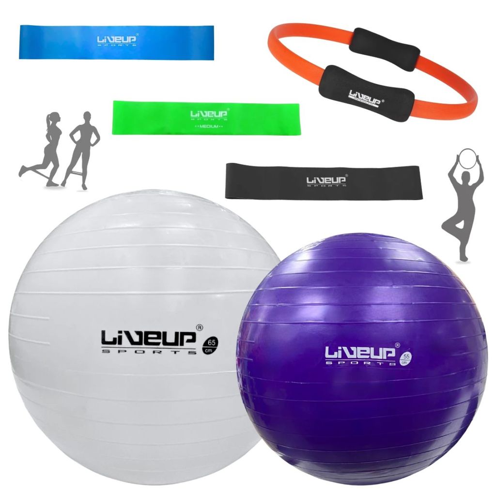 Kit Bolas Suíças Pilates Branca 65 Cm + Roxa 55 Cm + Mini Bands 3 Tensões + Anel Fortalecedor Treino