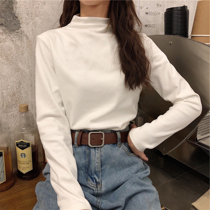 Camisa de fundo de gola meia alta feminina primavera outono inverno manga comprida camiseta estilo ocidental Slim-Fit