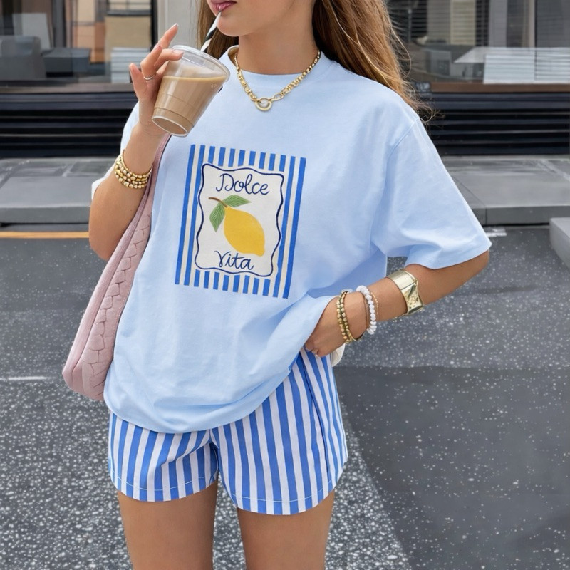 Camiseta Feminina Limão Dolce Vita Oversized Algodão 100% Estampa Tropical Moda Verão Estilo Farm Casual