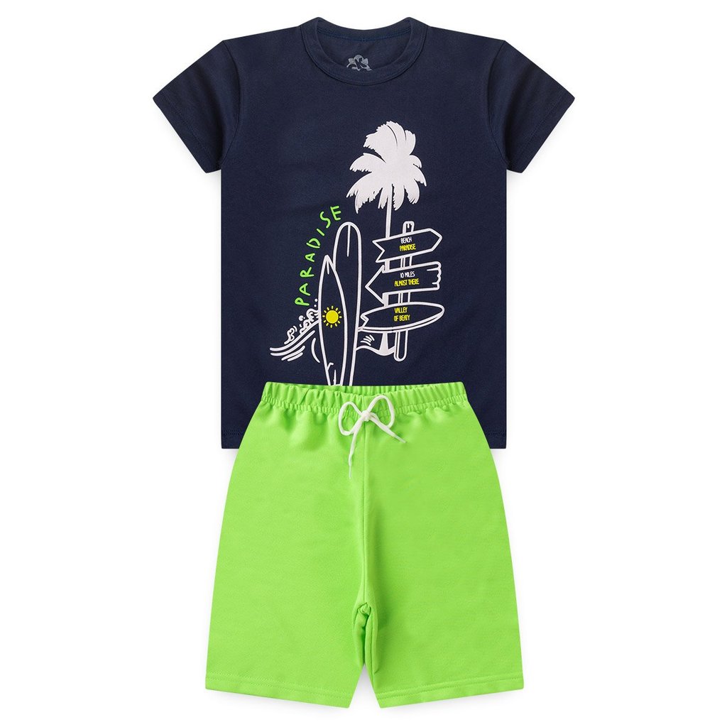 Conjunto Infantil Juvenil Verão Roupa Menino Camiseta Paradise Algodão Bermuda Moletinho Colorida - Conjunto Masculino