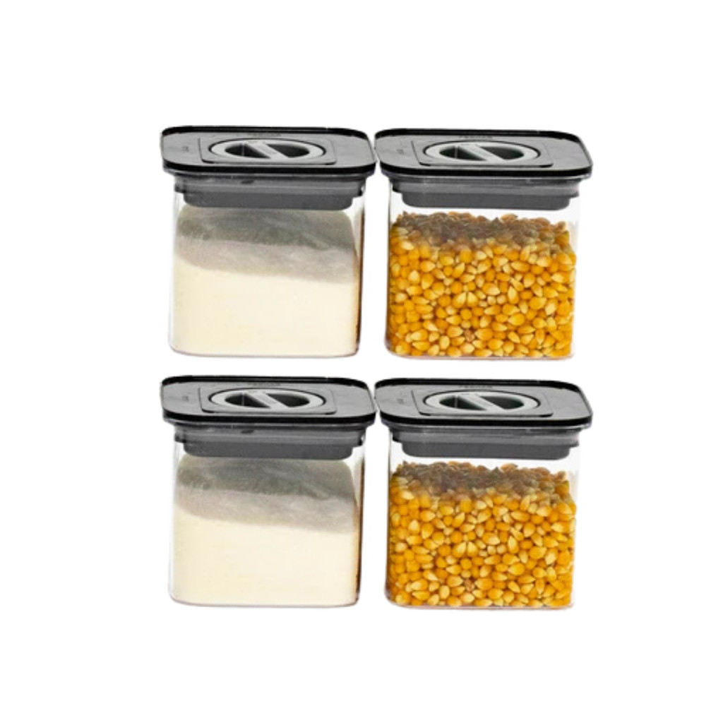 Kit 4 Potes Mantimento Quadrado Hermético 600ml Tampa Preta Com Trava Giratória Vedação Silicone Empilhável em Acrílico