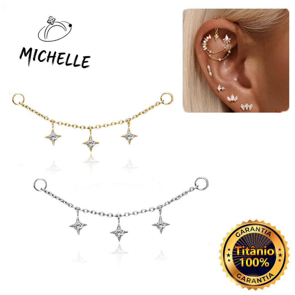 Novo Corrente Piercing Orelha Titânio Pingente Estrela Zircônias Cravejado 20mm