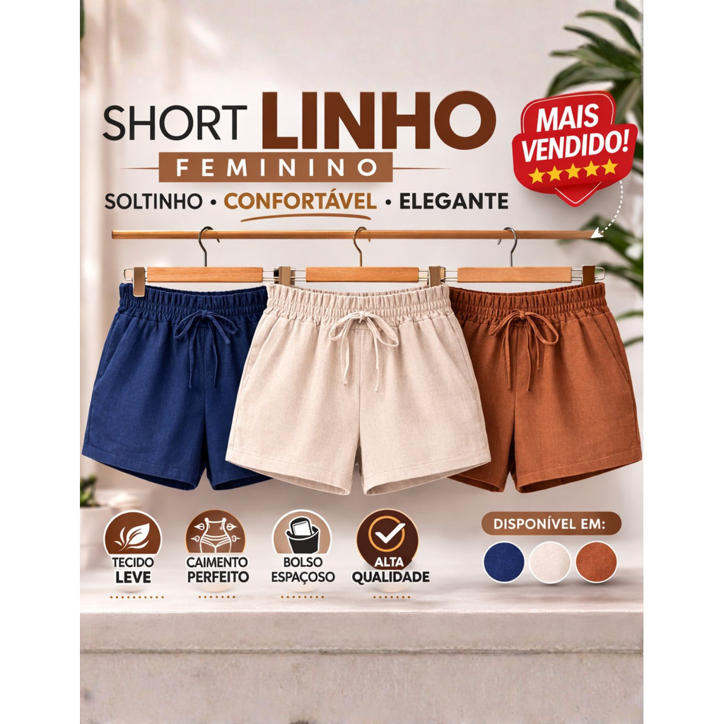 Kit 03 Short Feminino Linho Com Bolsos Laterais Cintura Alta Elástico Bermuda Casual Conforto em Oferta na Shopee