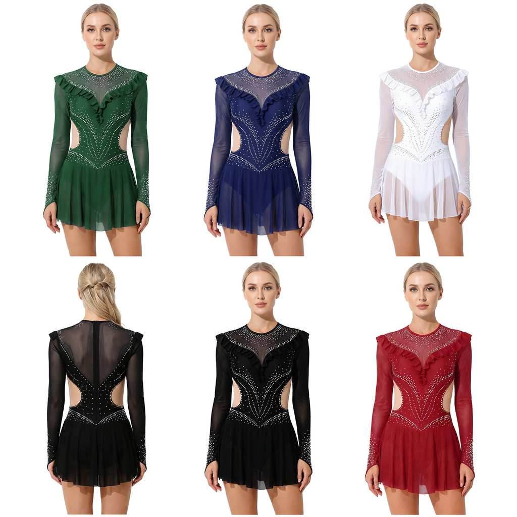 Yeahdor Body Feminino Para Patinação Artística , Malha De Strass , Babados , Manga Comprida , Collant Com Saia De , Maca