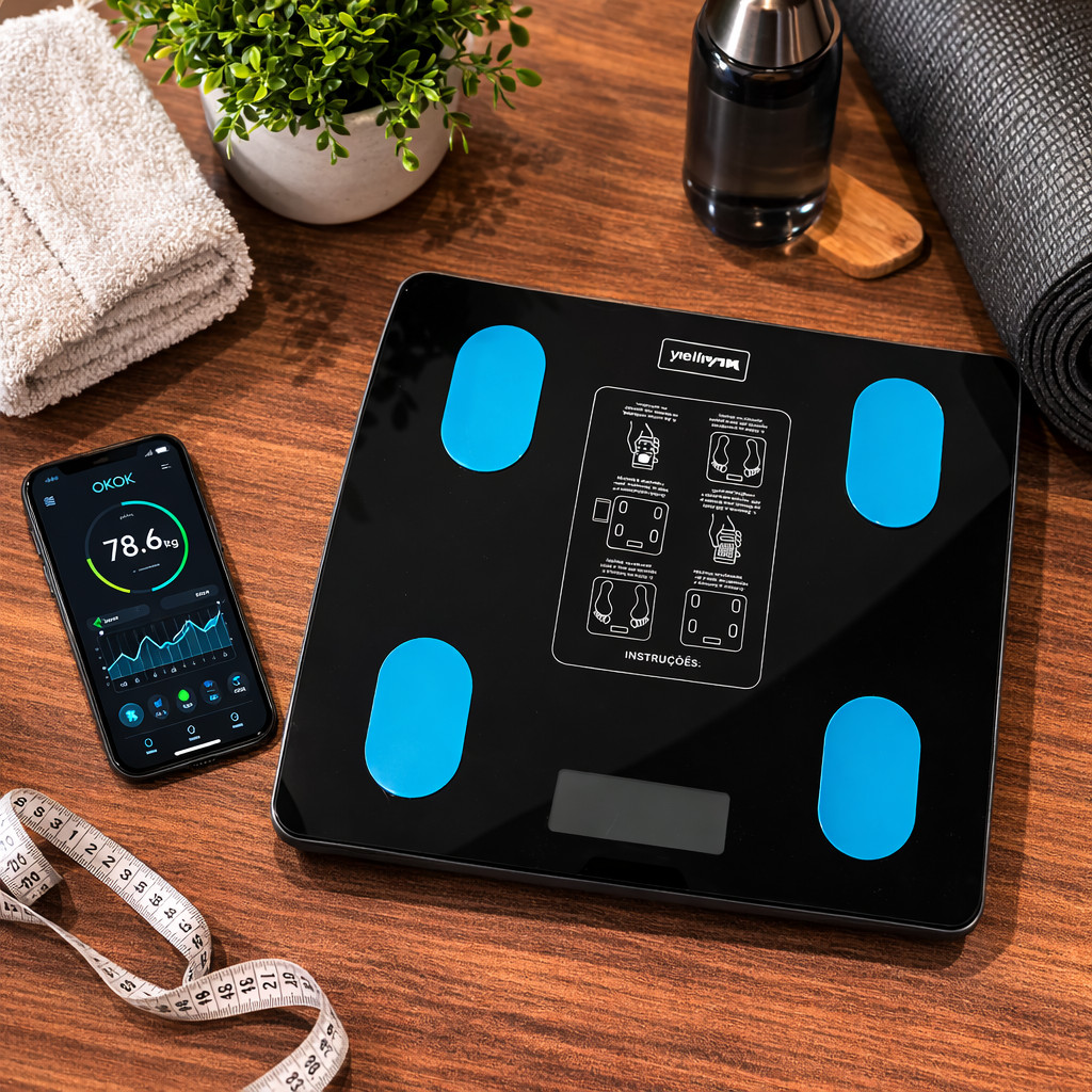 Balança Digital Inteligente: Medidor Corporal por Bioimpedância - Analisa Gordura, Massa Muscular, Peso até 180kg