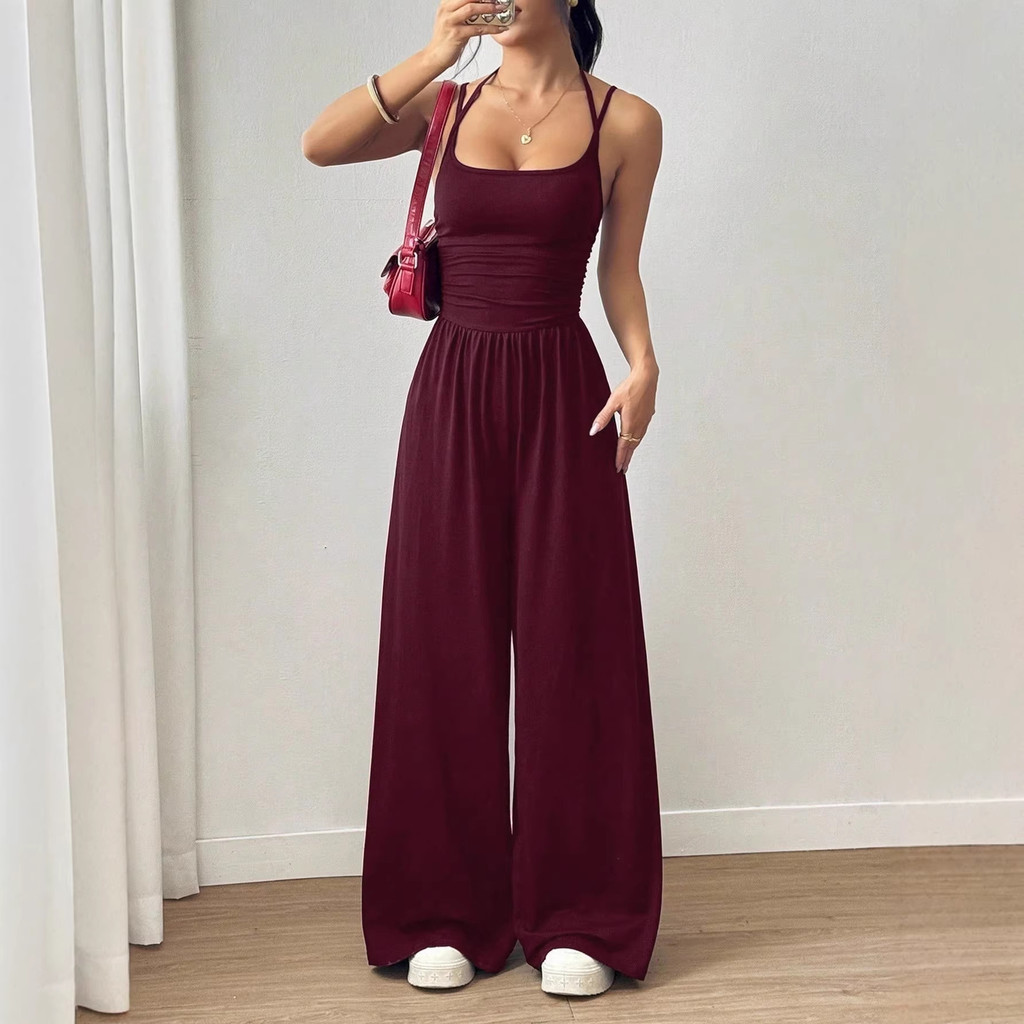 Europeu americano estilo de venda quente suspensórios feminino Casual envoltório peito macacão verão perna larga solta