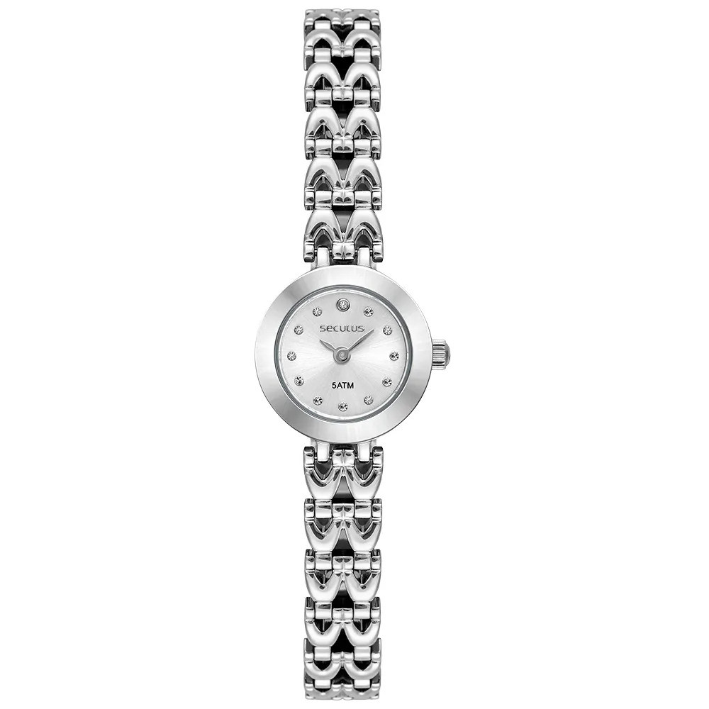Relogio Seculus feminino prata prateado pequeno mini cravejado pedrinhas strass pulseira de elos 23696L0SVNB4 original