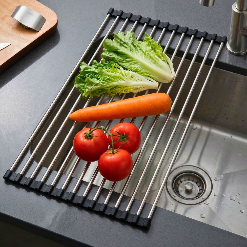 Cozinha Organizada e Prática: Escorredor de Pratos Inox Multiuso Mimo Style Borda de Silicone Dobrável