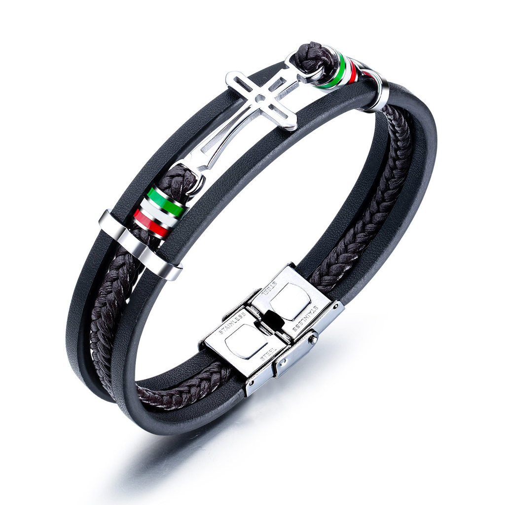 Europeu americano Retro moda All-match na moda cruz pulseira de couro único tecido à mão Multi-camada Hip-hop acessórios
