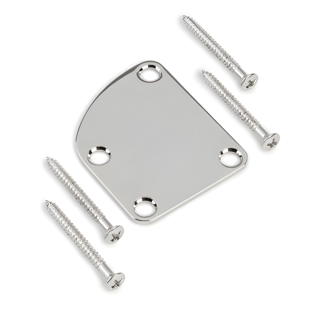 Neck Plate Curvo 4 Furos Cromado Para Guitarra Stratocaster Telecaster e Baixo