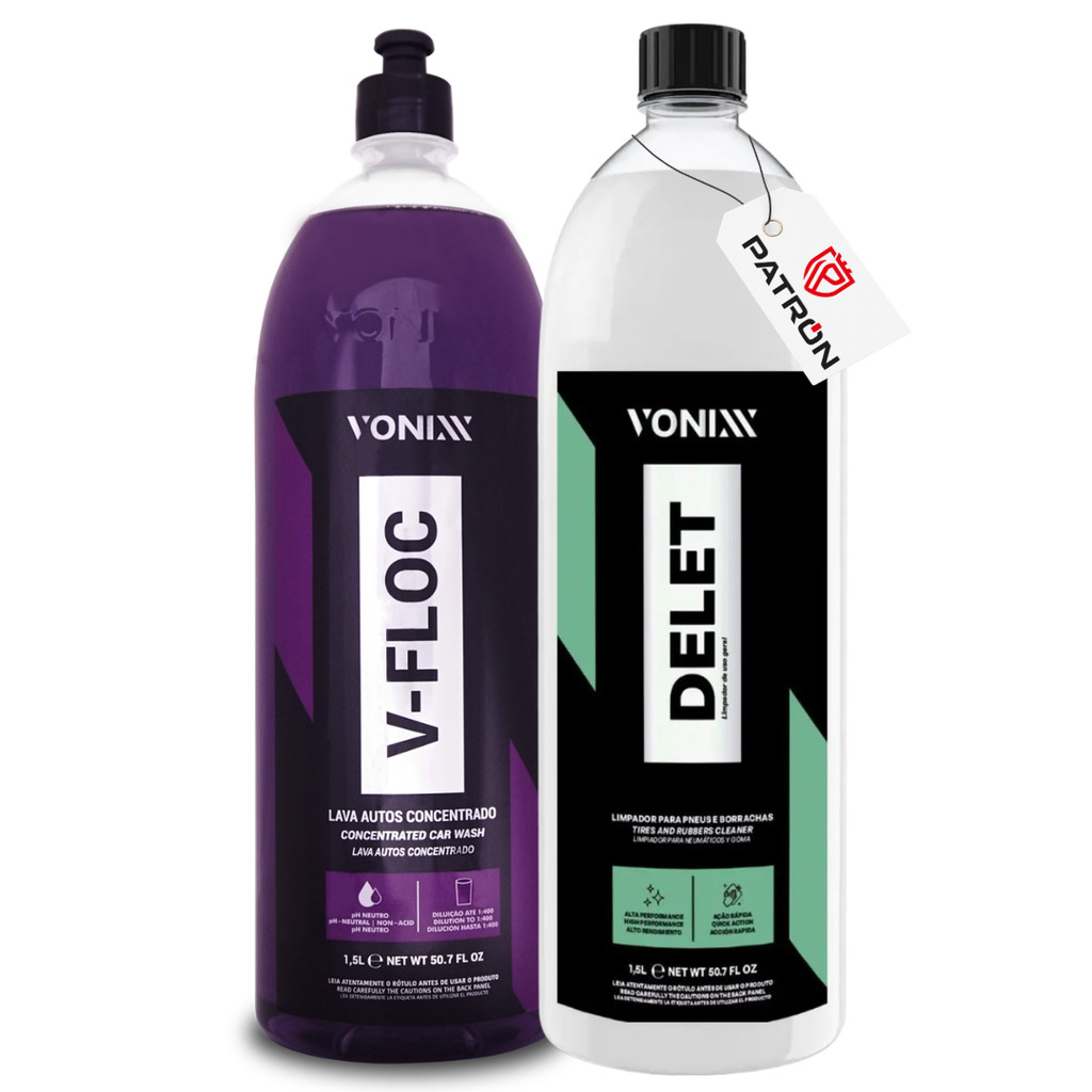 Kit Vonixx V-Floc 1,5L + Delet 1,5L Shampoo Automotivo + Limpa Pneus Alta Performance