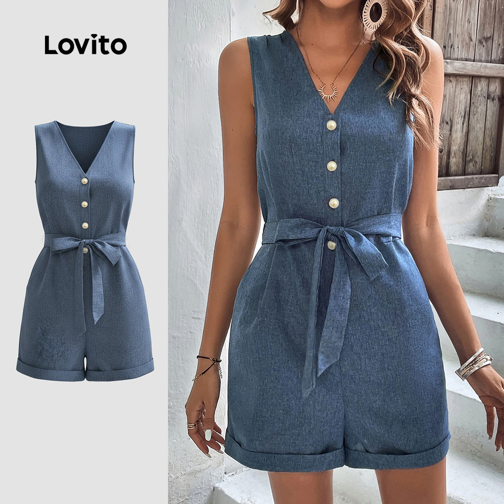 Lovito Macacão Casual com botão e cinto primavera/verão azul para mulheres LK3LD364 em Oferta na Shopee