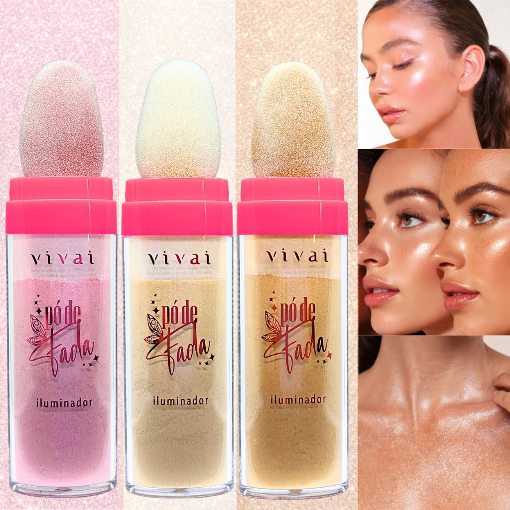 Iluminador Pó de Fada Facial Rosto e Corpo com Aplicador Esponja Dourado Rosa Bronze Cores Vivai