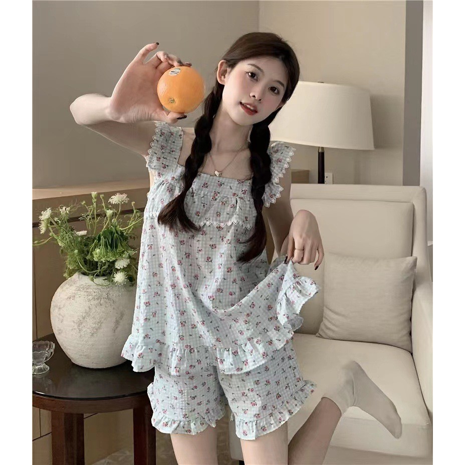 Imagem Versão coreana xadrez Floral pequena manga voadora Suspender Shorts pijamas feminino doce confortável Loungewear versão 