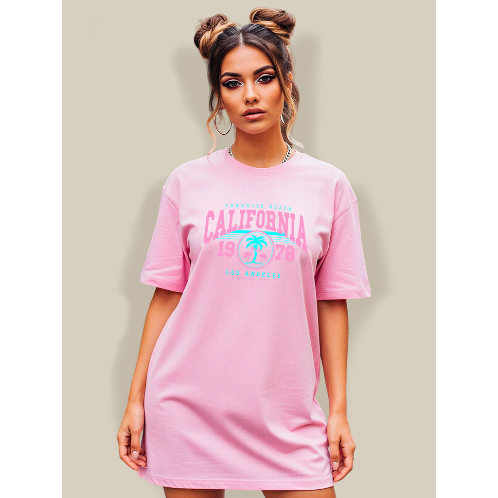 Camiseta Feminina Longa Rosa 100% Algodão Gola Canelada Alta Estampa California Plus Size aesthetic Academia Musculação