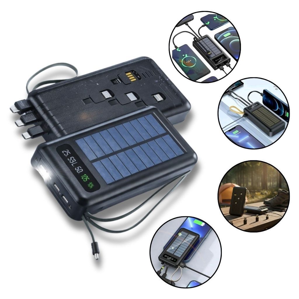 Power Bank 20000mah Turbo com Painel Solar 5 em 1 e Lanterna Integrada