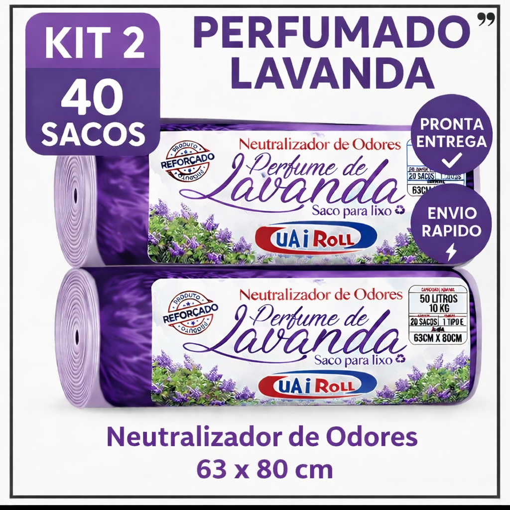 Saco De Lixo Kit 2 Rolls 40 Unidades 50 Litros Tira Odor Perfumado Com Cheiro de Lavanda Econômico