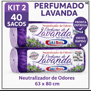 Saco De Lixo Kit 2 Rolls 40 Unidades 50 Litros Tira Odor Perfumado Com Cheiro de Lavanda Econômico em Oferta na Shopee