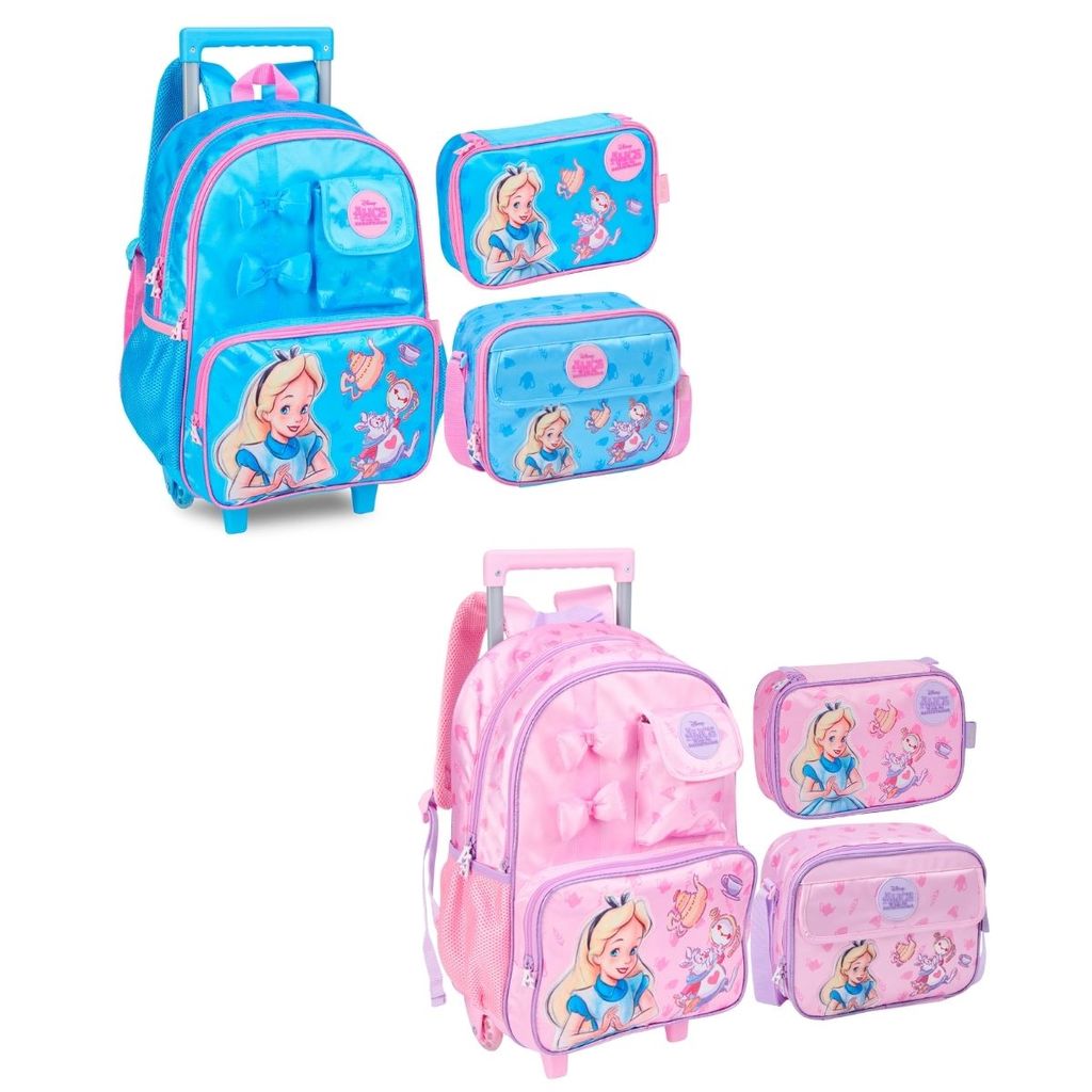 Kit Mochila Rodinhas Lancheira Estojo Alice Infantil