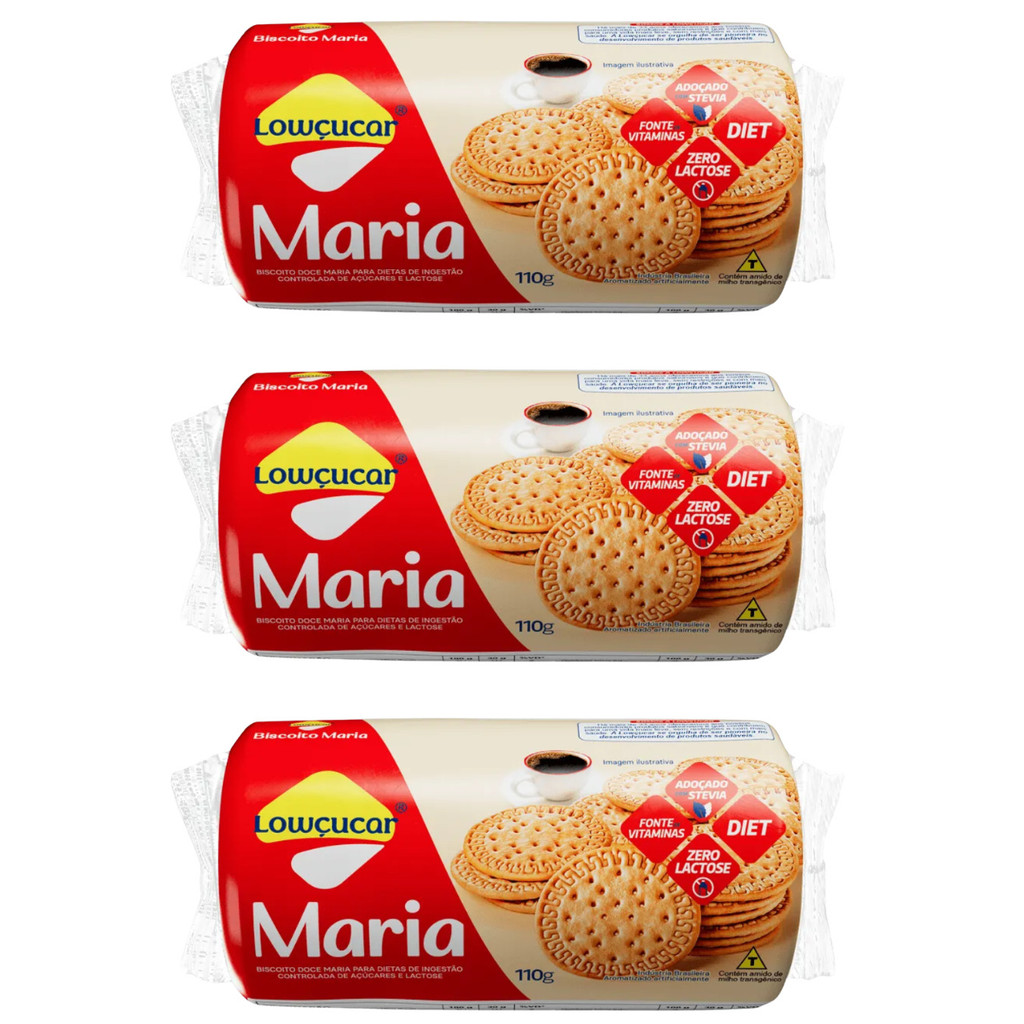 Kit com 3 Biscoito Maria Zero Adição de Açúcares 110g - Lowçúcar
