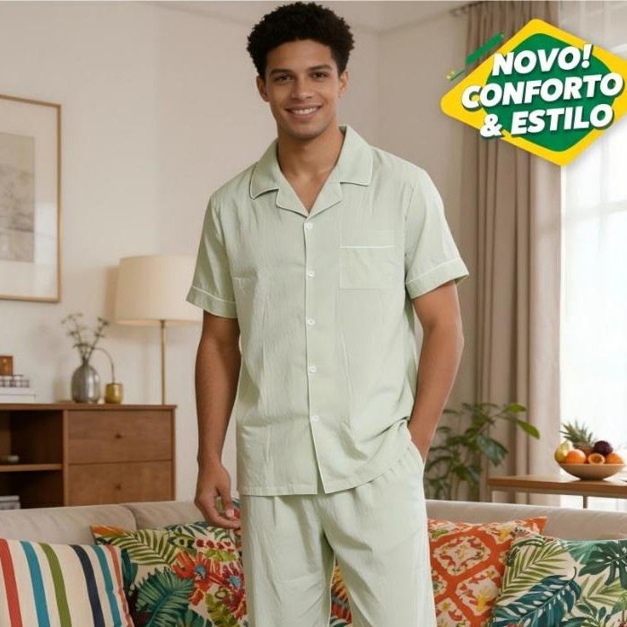 Pijama Masculino Verão com Botões | Manga Curta e Calça Longa em Oferta na Shopee