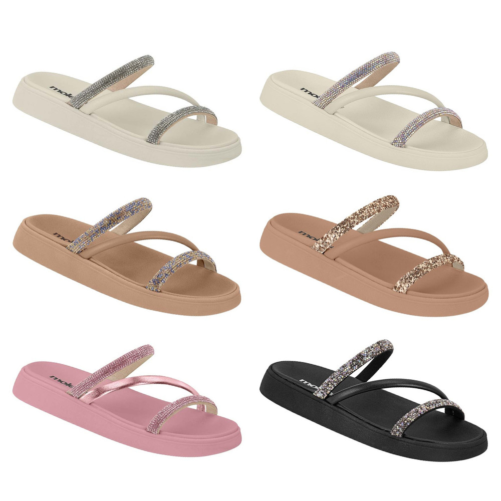 Sandália Slide Feminina Tamanco Tiras Brilho Glitter Moleca
