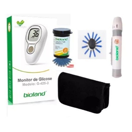 Kit Aparelho Glicose Bioland G425-3 25 Tiras + 25 Lancetas + Bolsa CAIXA + 2 Pilhas - Bioland