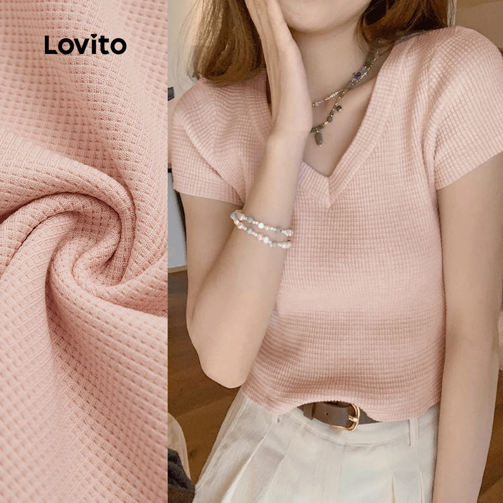 Lovito Camiseta Casual Boa Textura Camiseta Rosa de Primavera/verão para Mulheres L149LD107
