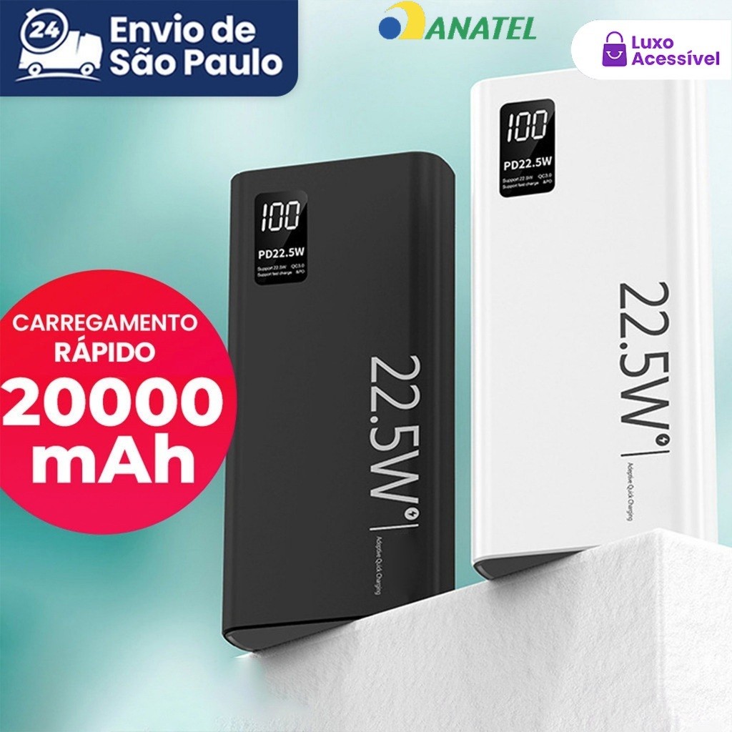 Power Bank Turbo 20000mAh 22.5W Carregamento Rápido com Tela LCD - Original e Eficiente