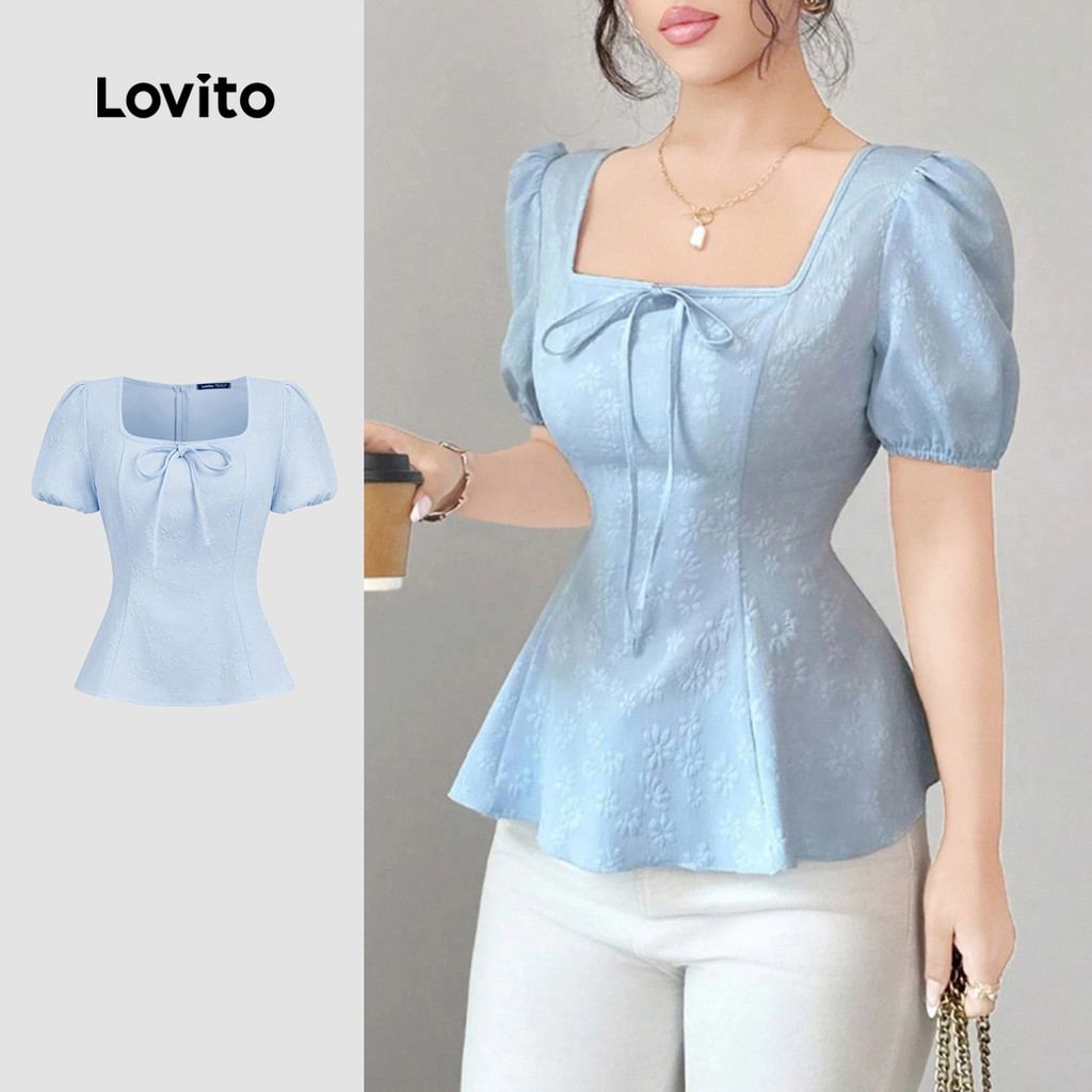 Lovito  Blusa Elegante Laço Jacquard Azul Blusa para Mulheres L171AD011 em Oferta na Shopee