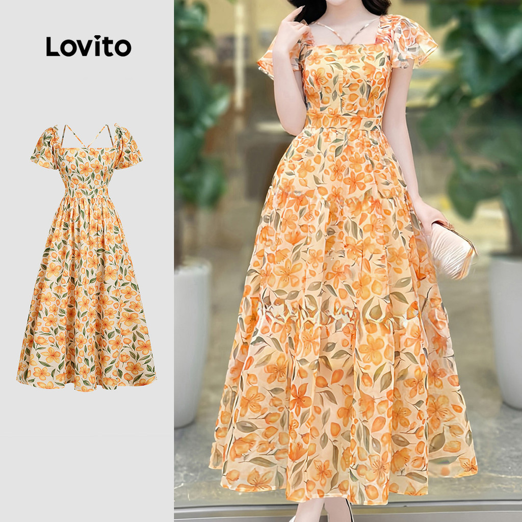 Lovito  Vestido Elegante com Bordado de Folhas, Flores e Confortável para Mulheres - Primavera/Verão L172ED181 em Oferta na Shopee