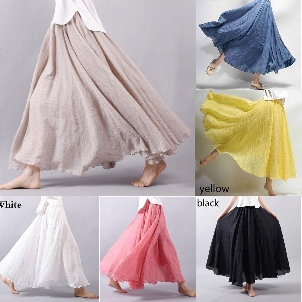 Mulheres Linho Algodão Saias Longas Verão Cintura Elástica Sólida Plissado Maxi Saia Boho Vintage Praia