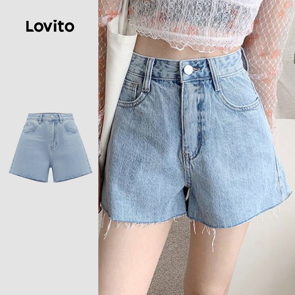 Lovito Shorts de Ganga Casuais Lavados com Zíper para Primavera/verão Azuis para Mulheres LNE130037 em Oferta na Shopee