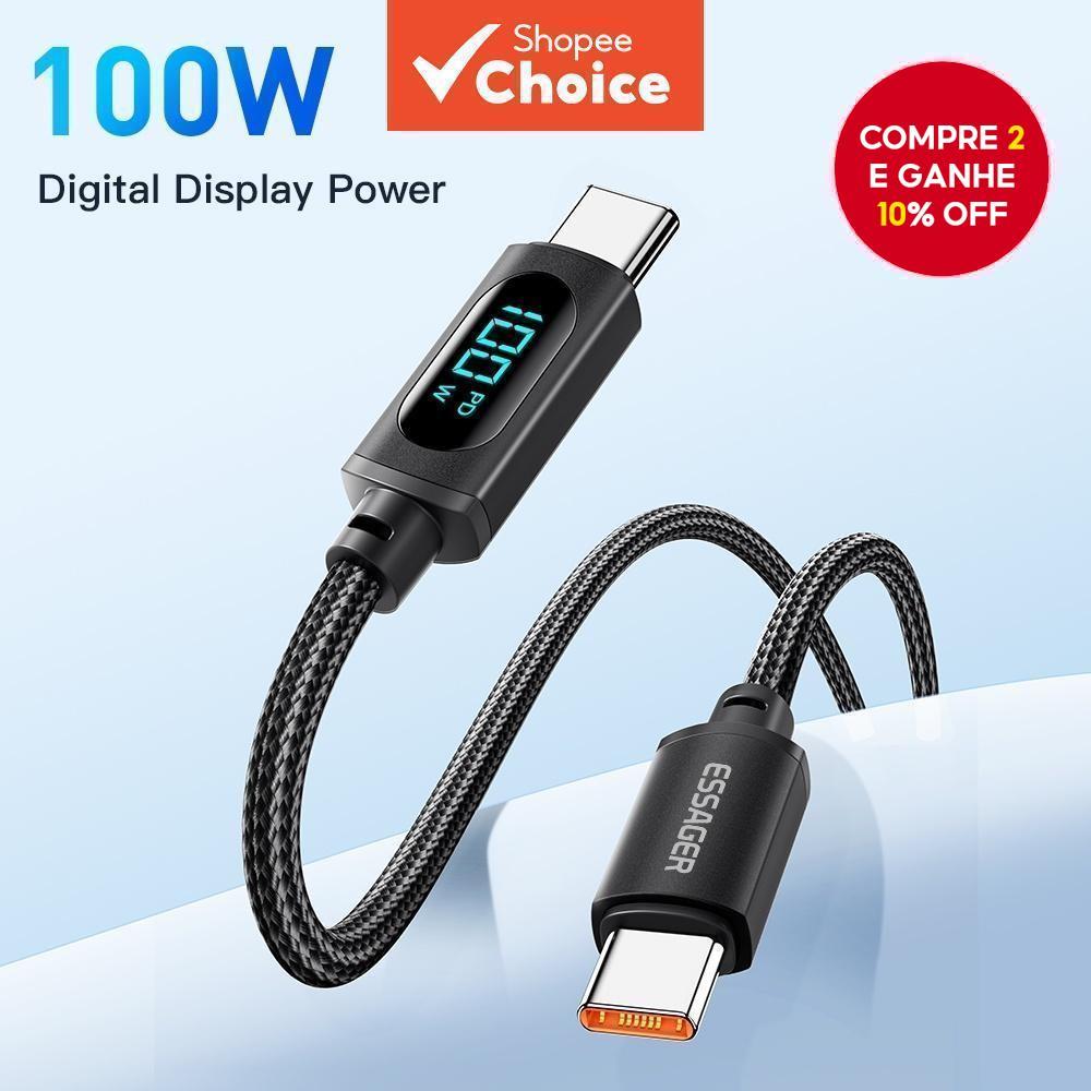 Cabo Tipo C para Tipo C New Essager 5A 100W com Display Digital, Cabo de Carregamento Rápido QC PD para Samsung e