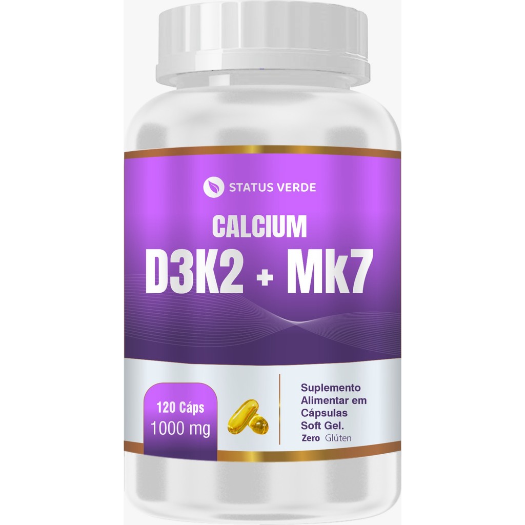 D3+K2 + MK7 Cálcio e Magnésio 120 cápsulas 1000mg - Status Verde