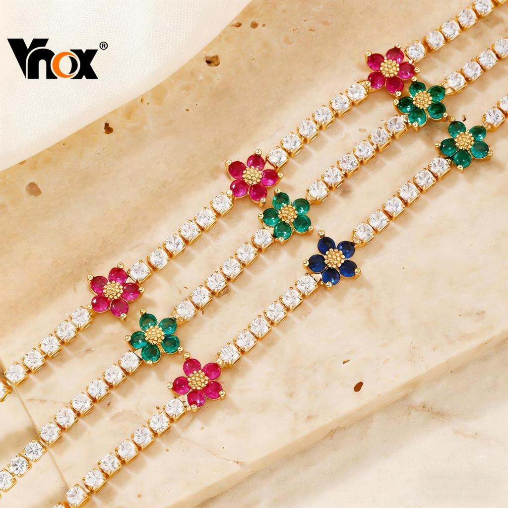 Pulseira De Corrente De Flor De Cinco Folhas De Zircônia Vermelha Vnox Para Mulheres E Meninas , Tênis Dourada Joia Pres