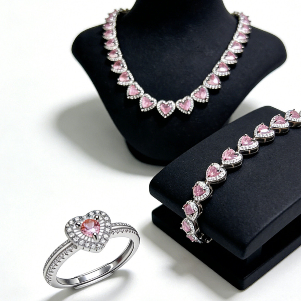 Conjunto de Jóias Feminino Colar Pulseira Anel Coração Rosa  Banhada Brilhante Hipoalergênico para Festa Casamento em Oferta na Shopee