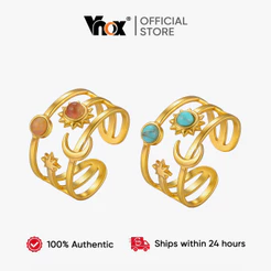 Vnox Turquesa Cristal Estrela Lua Anel Aberto De Três Camadas Para Mulheres E Meninas , Anéis De Aço Inoxidável Em Ouro
