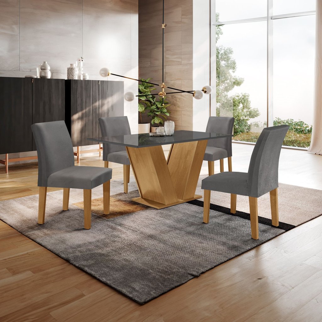 Conjunto Sala de Jantar Mesa 120x80cm Tampo Mdf/vidro com 4 Cadeiras Espanha Yescasa Ypê/Grafite/Suede Cinza em Oferta na Shopee