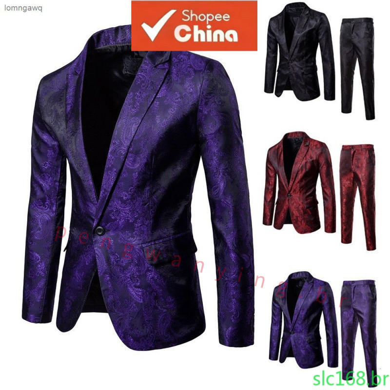 [LGQ] Terno Slim Fit Masculino 2 Peças Blazer de Negócios Casamento Festa Jaqueta & Calças VQVT